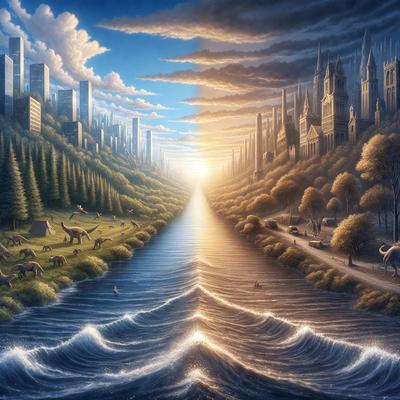 The primary subject of the image is a painting of a river with a city skyline in the background. The river is filled with various animals, including dinosaurs, and there are several cars and trucks visible in the scene. The visual style of the painting is a mix of digital art and illustration, creating a vibrant and lively atmosphere. The colors and mood of the painting are predominantly blue and green, with a hint of orange, giving the impression of a serene and peaceful environment.
